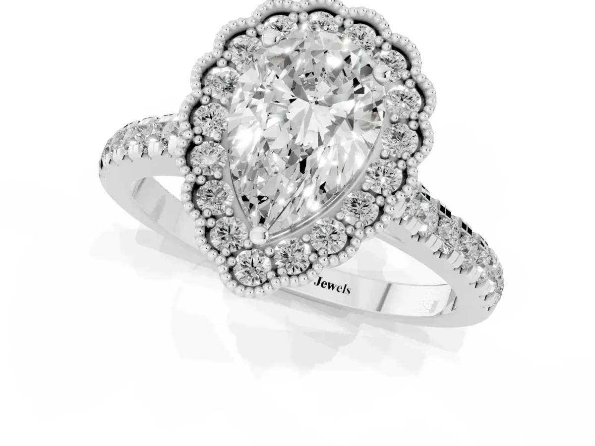 Pear Cut Cut Diamond Milgrain Floral Halo Engagement Ring with Pavé Band Silver