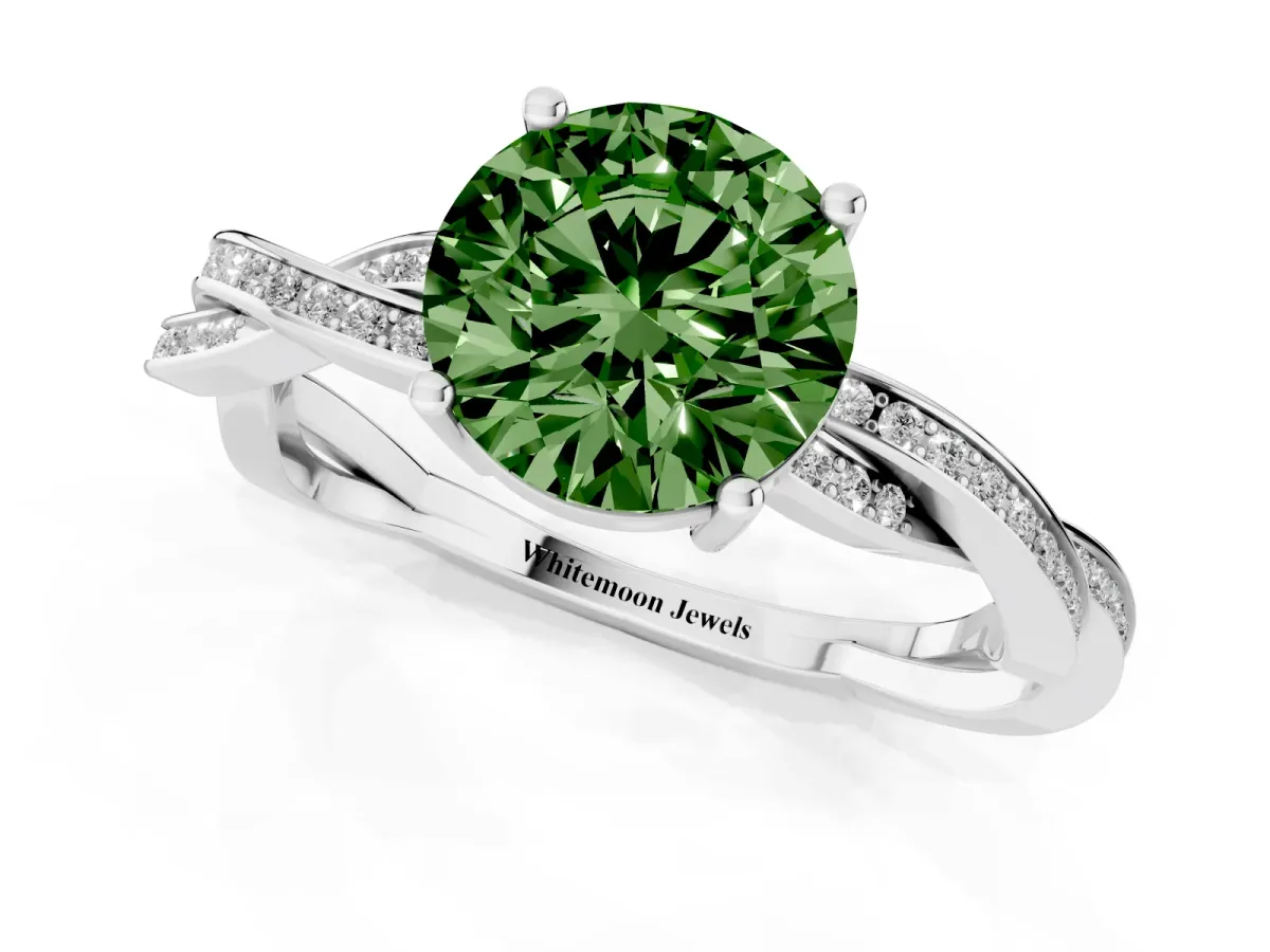 Fancy Green Round Cut Solitaire Twisted Pave Diamond Ring with Four-Prong Setting Silver