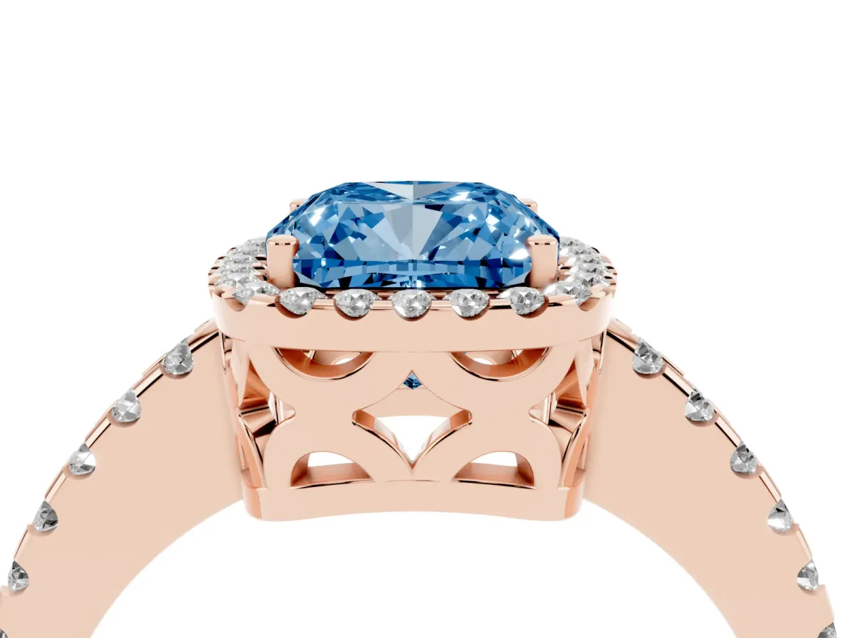 Fancy Blue Cushion Cut Diamond Halo Engagement Ring with Pavé Band and Prong Setting Rose gold