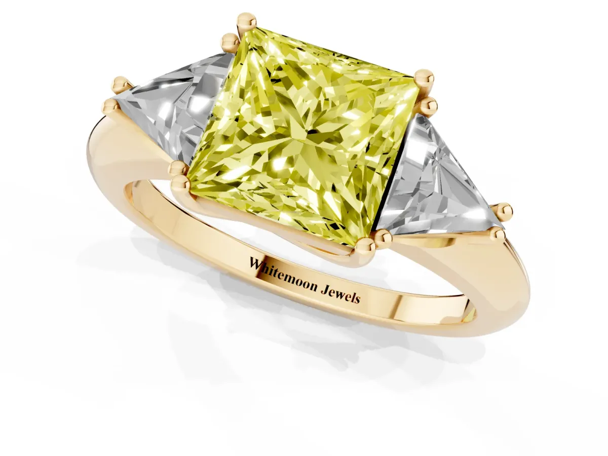 Fancy Yellow Three-Stone Princess Cut Diamond Engagement Ring with Trillion Side Stones and Prong Setting Yellow gold