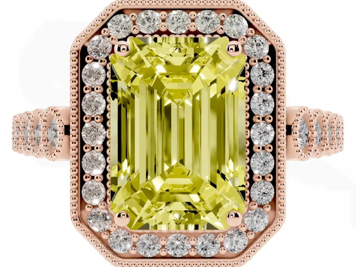 Fancy Yellow Emerald Cut Halo Milgrain Solitaire with Bezel Set Side Stones and Pave Band Rose gold