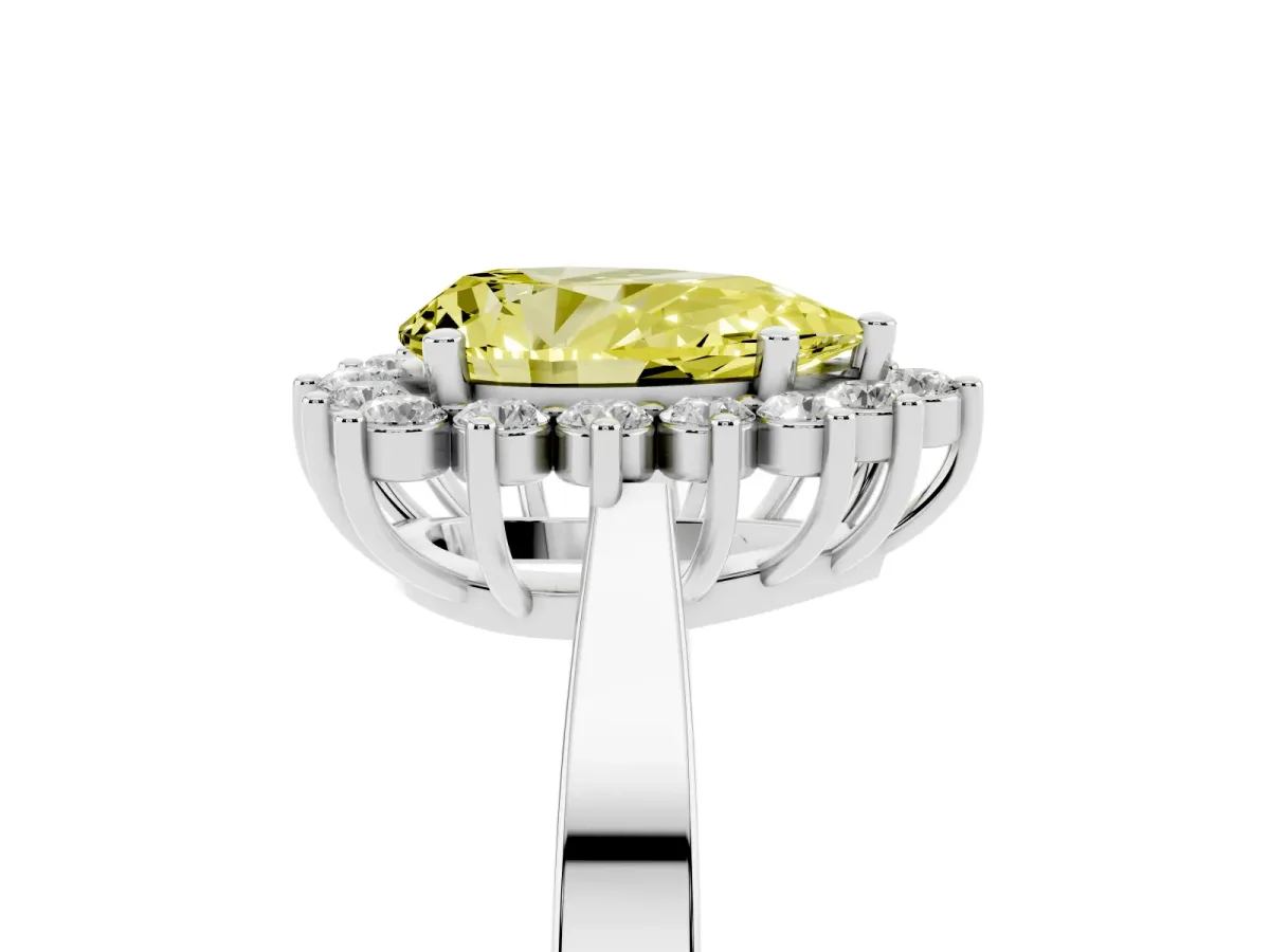 Fancy Yellow Pear Cut Cut Diamond Halo Ring with Round Brilliant Halo and Solitaire Band Silver