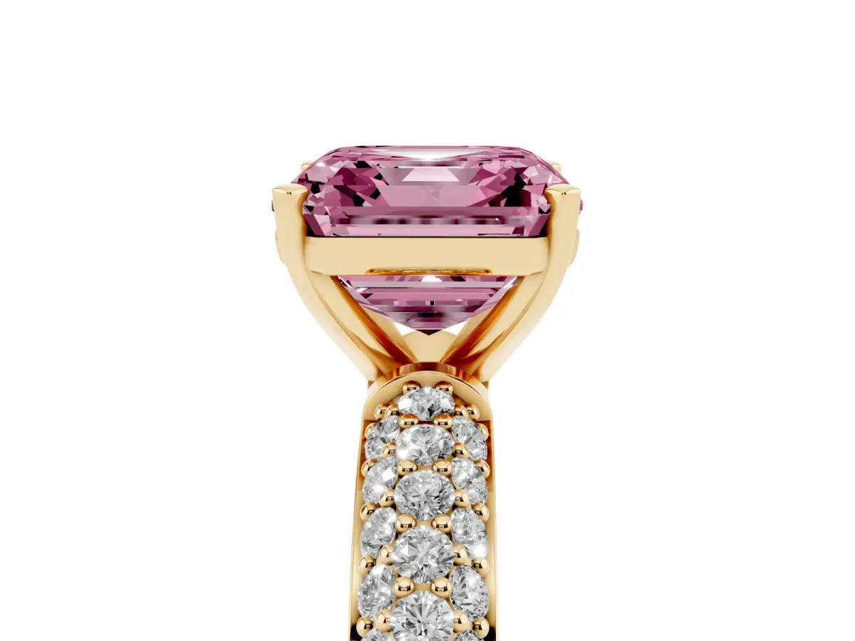 Fancy Pink Asscher Cut Diamond Solitaire Ring with Prong Setting and Pavé Band Yellow gold