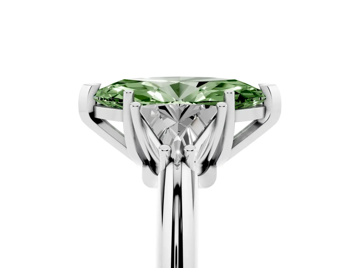 Fancy Green Three-Stone Marquise Cut Diamond Engagement Ring with Trillion Side Stones and Prong Setting White gold