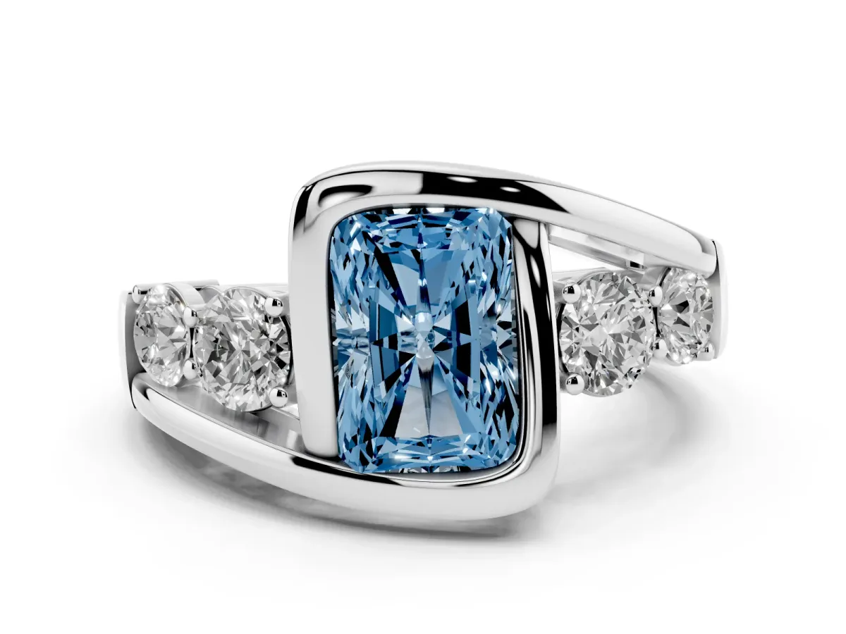 Fancy Blue Bezel Set Radiant Cut Diamond Bypass Ring with Round Accents Silver