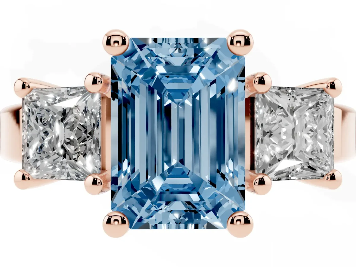Fancy Blue Three-Stone Emerald Cut Cut Solitaire Ring with Prong Setting Rose gold
