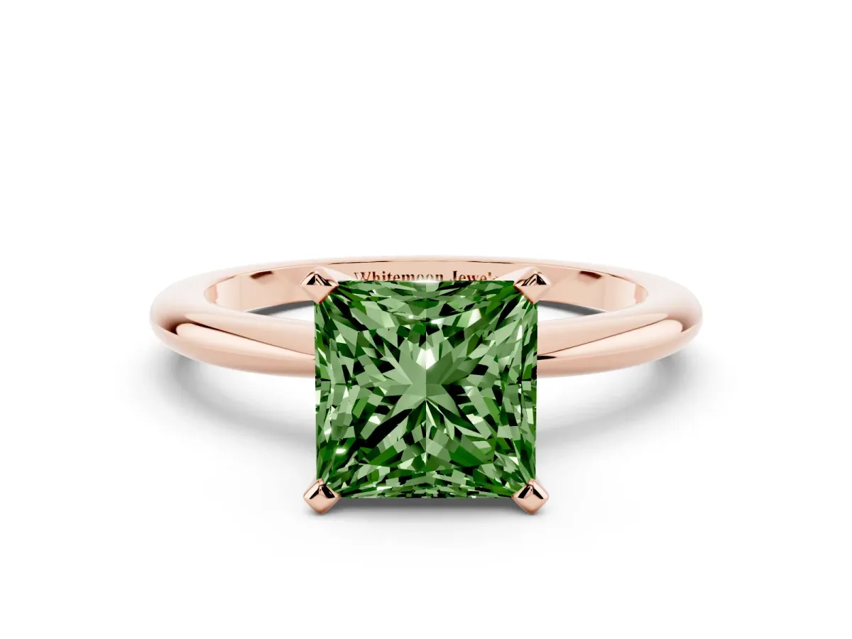 Fancy Green Princess Cut Diamond Solitaire Ring with Prong Setting and Classic Band Rose gold