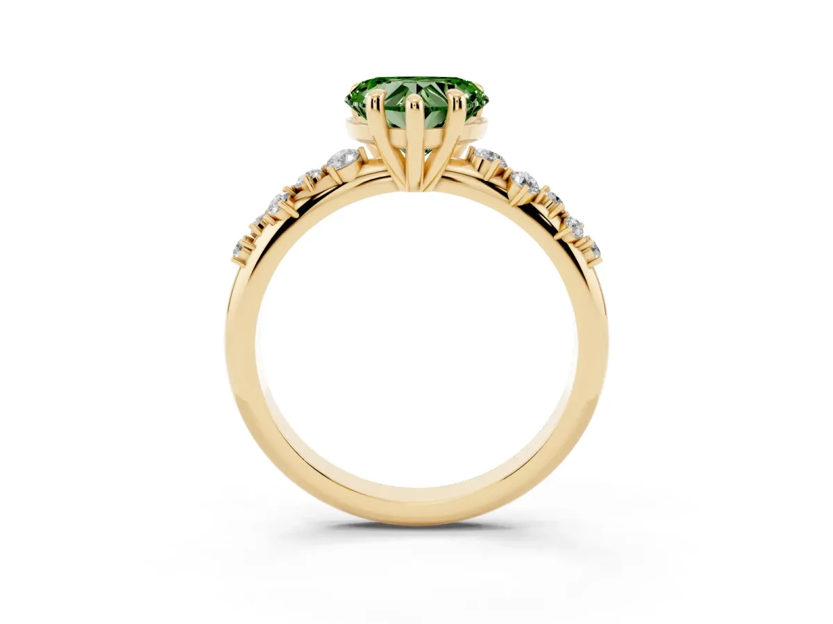 Fancy Green Heart Cut Cut Diamond Vine Band with Four-Prong Setting Yellow gold