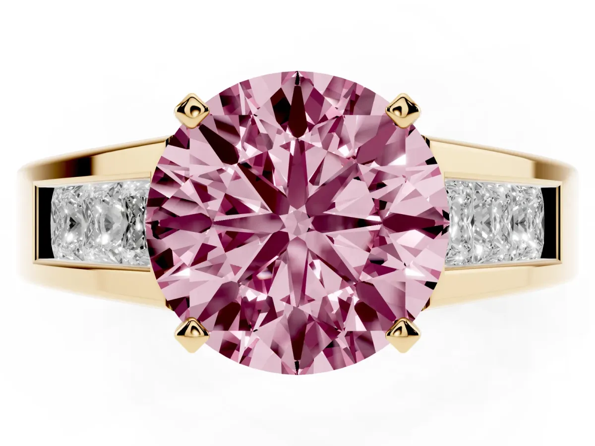 Fancy Pink Round Cut Cut Channel Set Solitaire Ring with Four-Prong Setting Yellow gold