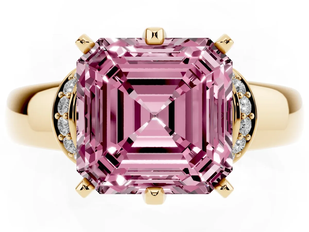 Fancy Pink Asscher Cut Solitaire Diamond Ring with Pave Band and Six-Prong Setting Yellow gold