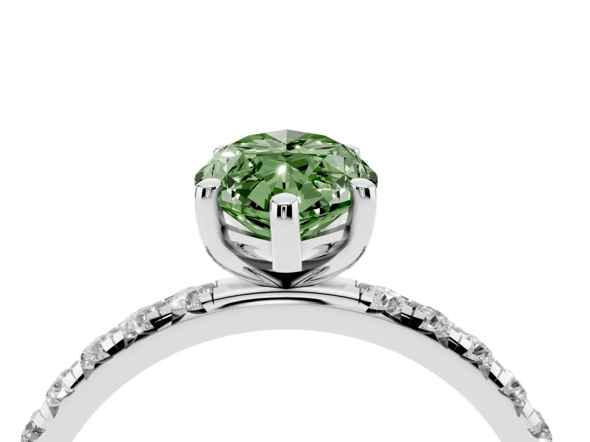 Fancy Green Marquise Cut Cut Diamond Solitaire Ring with Micro Pave Band and Four Prong Setting Silver