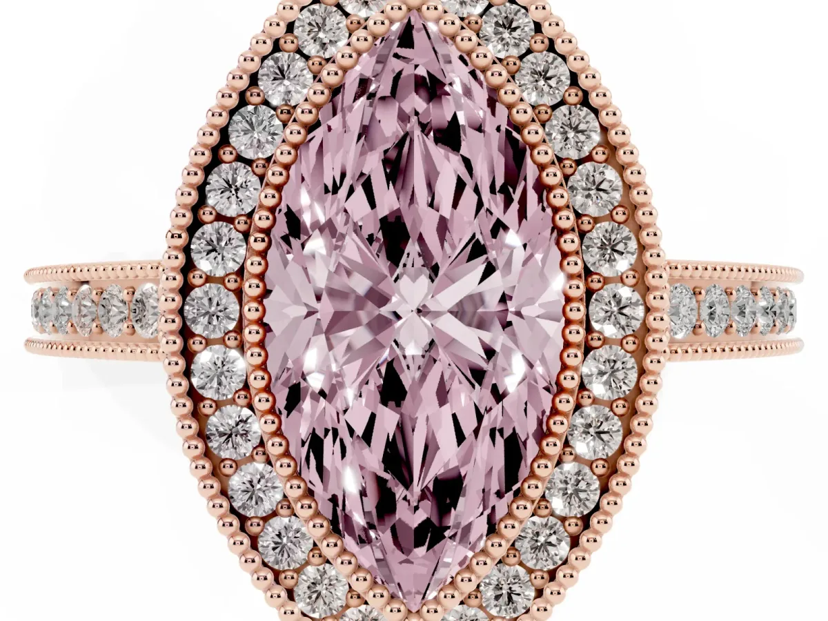Fancy Pink Marquise Cut Cut Halo Diamond Ring with Pavé Band and Milgrain Prong Setting Rose gold