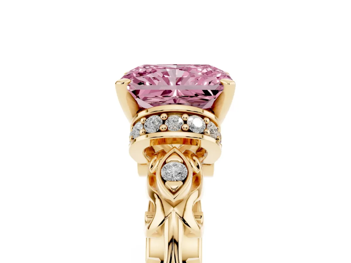 Fancy Pink Radiant Cut Diamond Solitaire Ring with Filigree Band and Four-Prong Setting Yellow gold