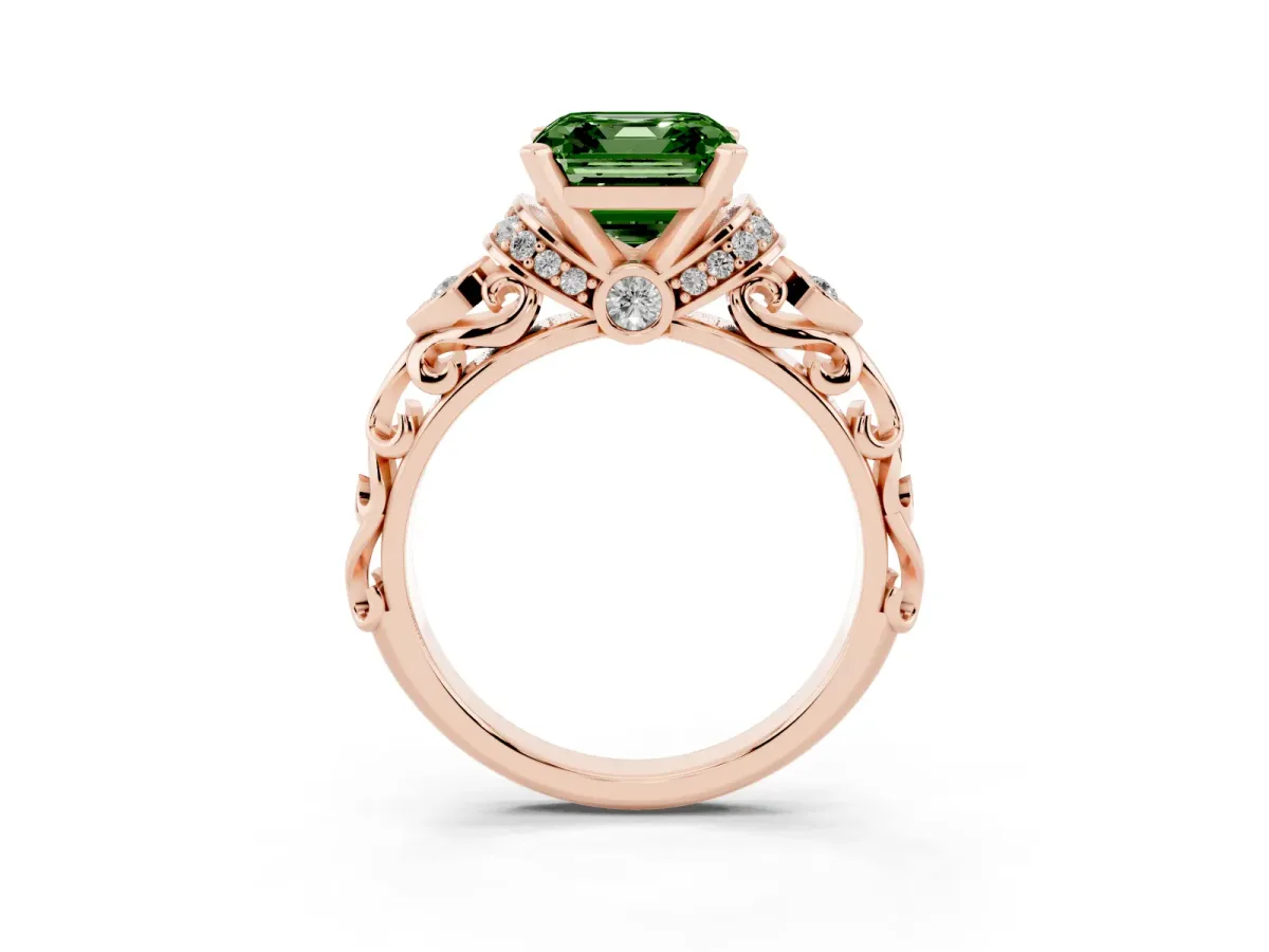 Fancy Green Asscher Cut Diamond Solitaire Ring with Filigree Band and Four-Prong Setting Rose gold