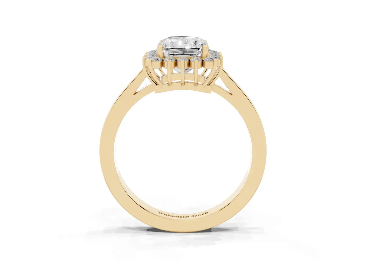 Radiant Cut Cut Diamond Halo Ring with Round Brilliant Halo and Solitaire Band Yellow gold