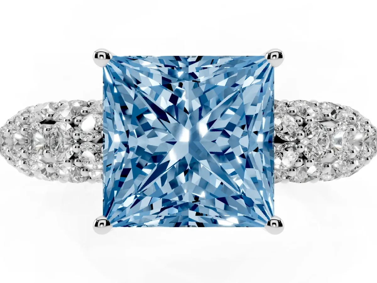 Fancy Blue Princess Cut Diamond Pavé Band Solitaire Ring with Four-Prong Setting Silver