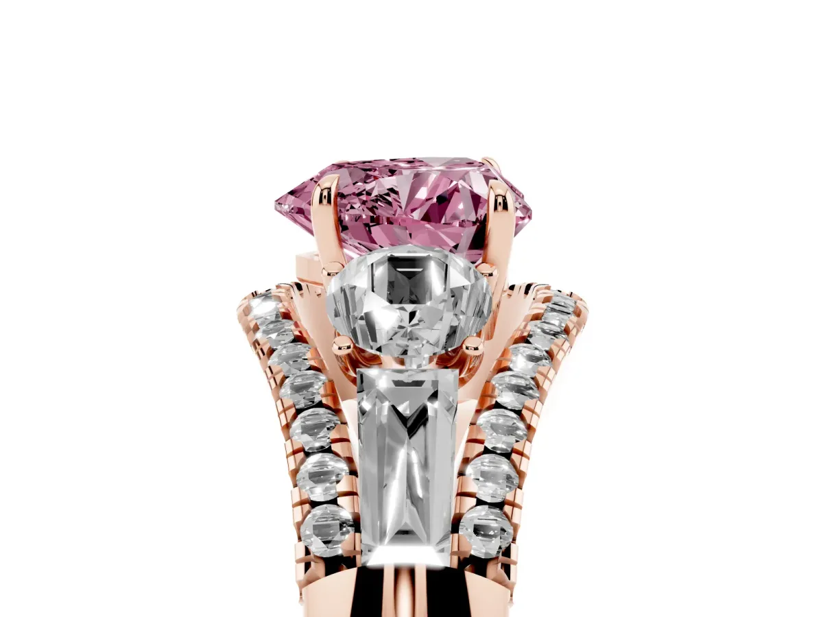 Fancy Pink Three-Stone Heart Cut Diamond Engagement Ring with Pave Band and Prong Setting Rose gold
