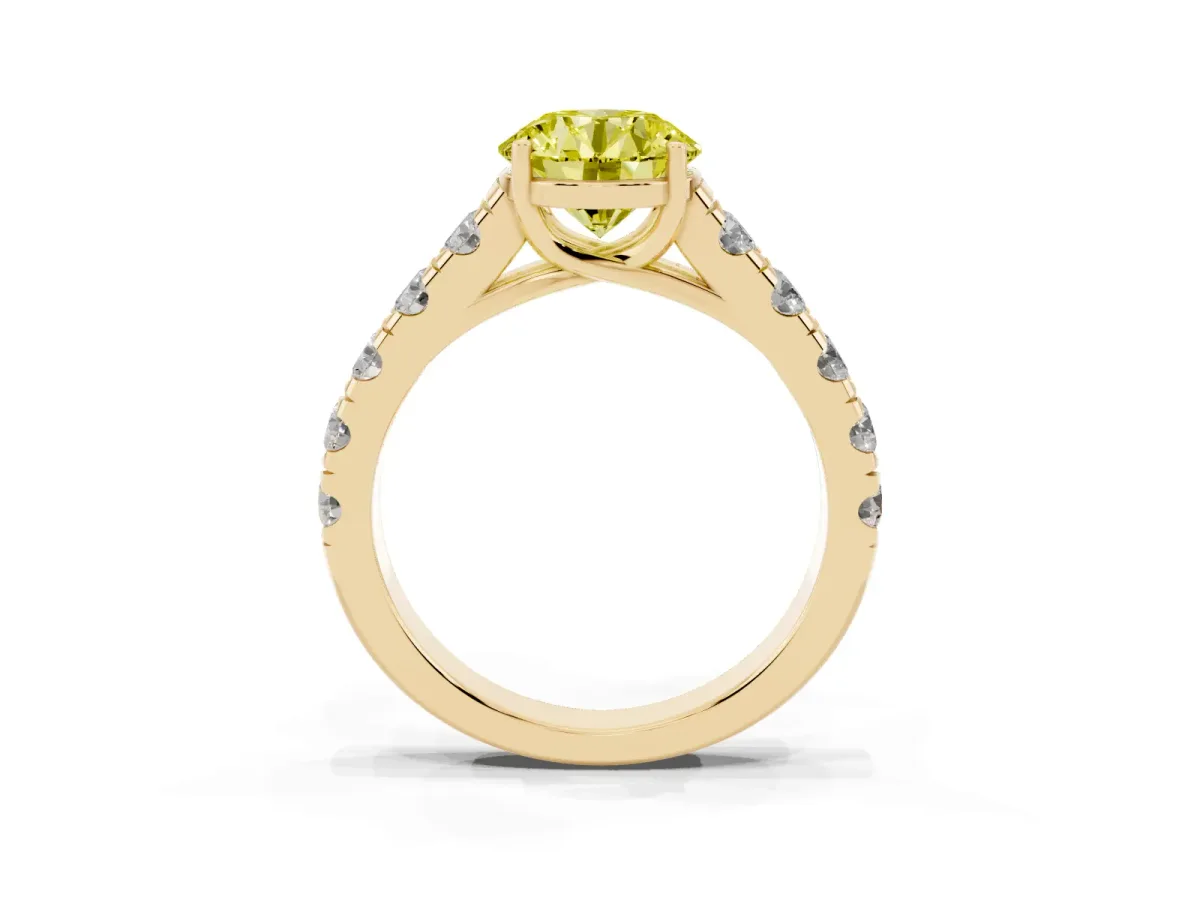 Fancy Yellow Round Cut Cut Diamond Solitaire Ring with Micro Pave Band and Prong Setting Yellow gold