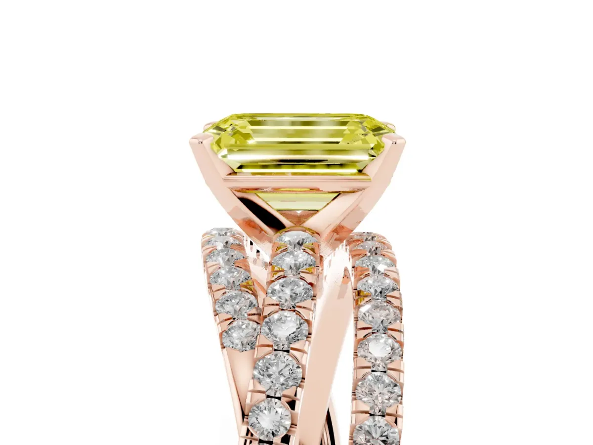 Fancy Yellow Emerald Cut Solitaire Twist Band with Pavé Setting and Four-Prong Setting Rose gold