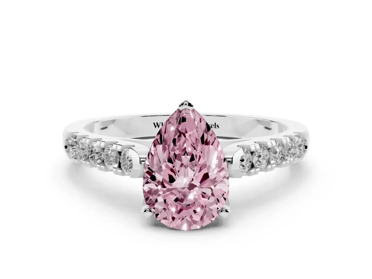 Fancy Pink Pear Cut Diamond Pavé Band Solitaire Ring with Prong Setting Silver