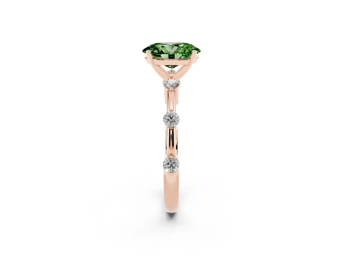 Fancy Green Oval Cut Solitaire Diamond Ring with Bezel Set Side Stones and Prong Setting Rose gold