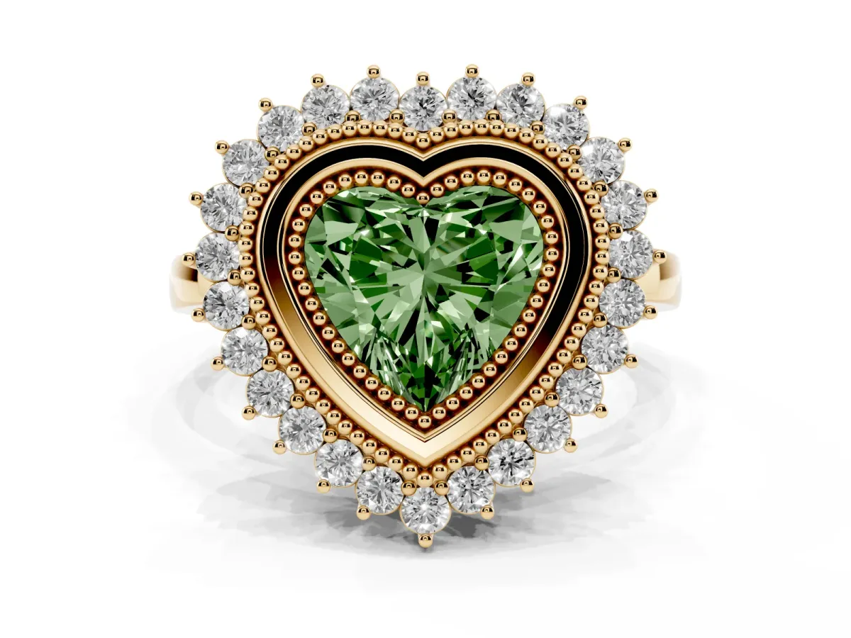 Fancy Green Heart Cut Halo Diamond Ring with Milgrain Edge and Round Prong Setting Yellow gold