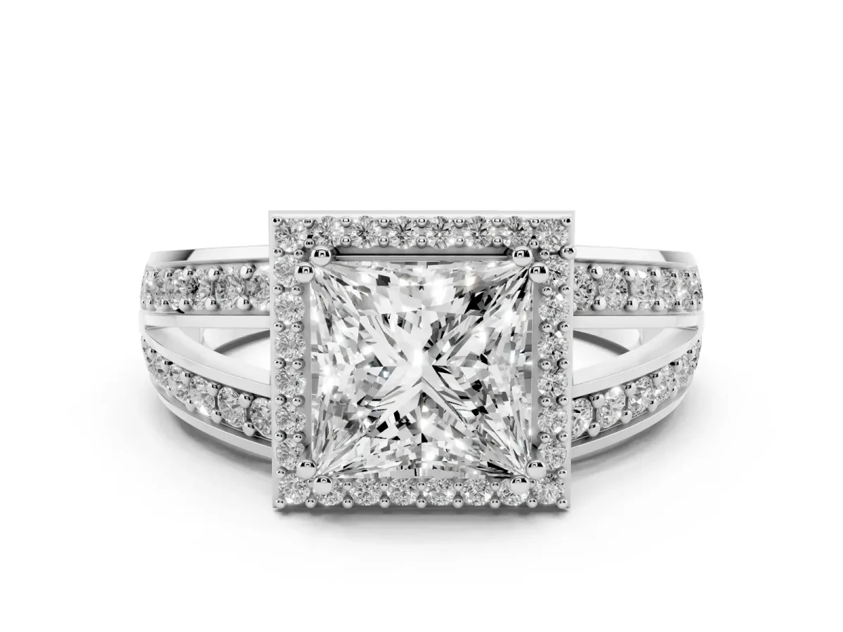 Princess Cut Diamond Halo Ring with Split Shank Pavé Band and Four-Prong Setting White gold