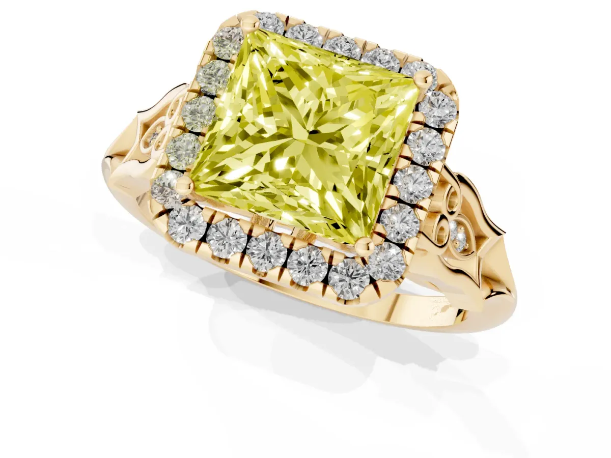 Fancy Yellow Princess Cut Halo Diamond Engagement Ring with Filigree Band and Four-Prong Setting Yellow gold