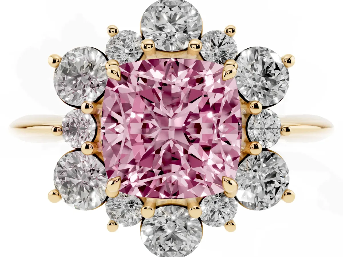 Fancy Pink Cushion Cut Diamond Cluster Halo Ring with Solitaire Band and Four-Prong Setting Yellow gold