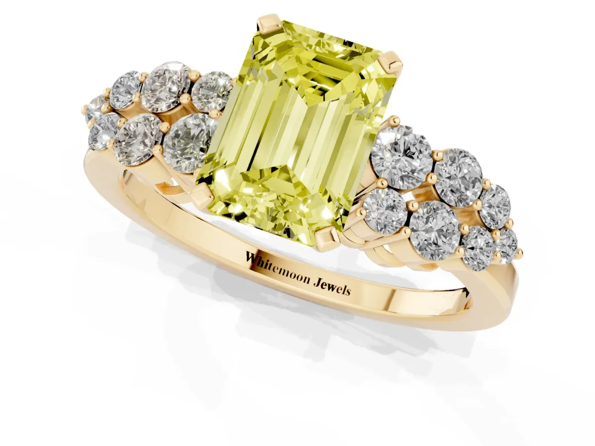 Fancy Yellow Emerald Cut Cluster Diamond Engagement Ring with Pavé Band and Four-Prong Setting Yellow gold