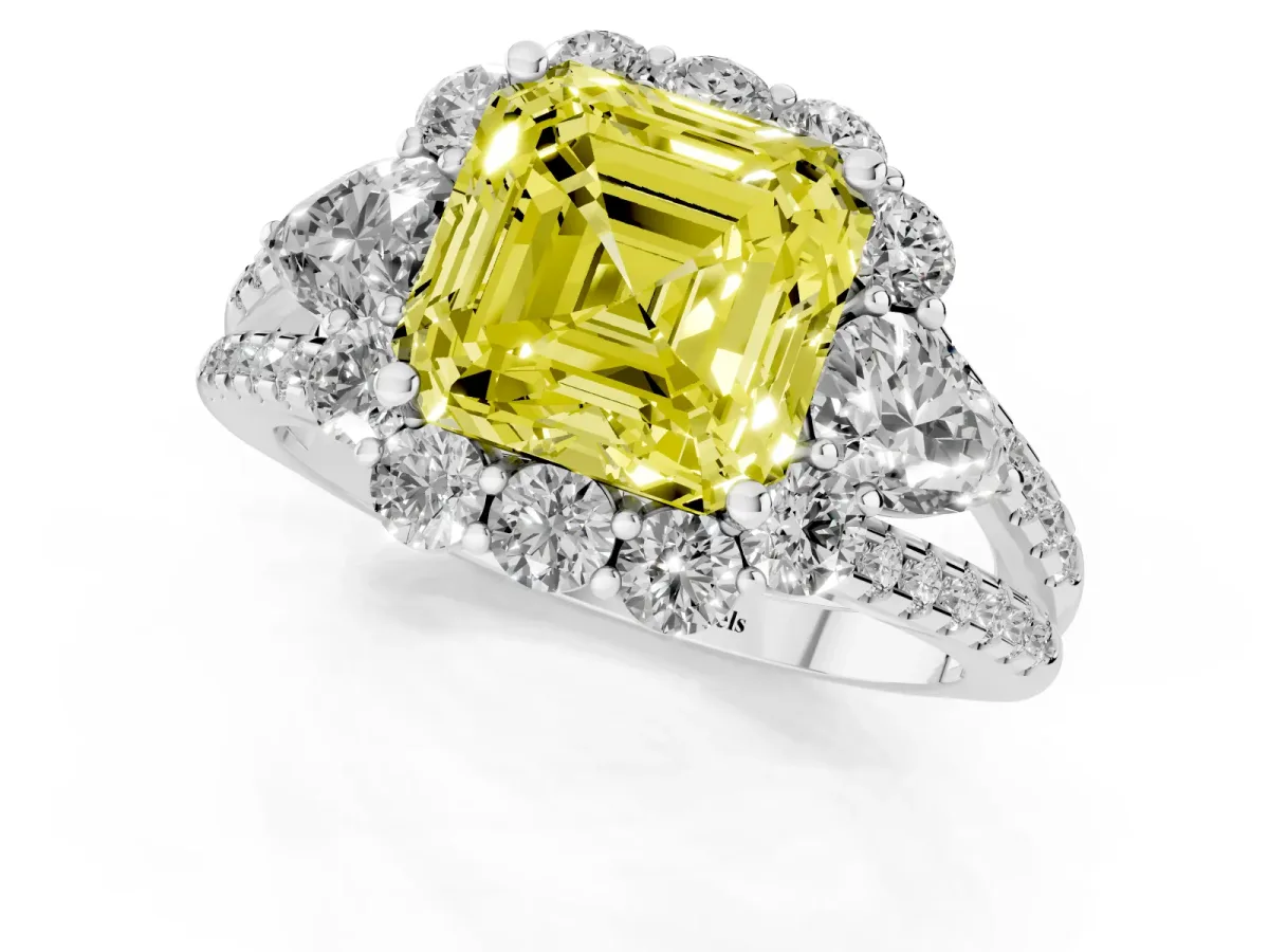 Fancy Yellow Asscher Cut Halo Split Shank Diamond Engagement Ring with Prong Setting Platinum