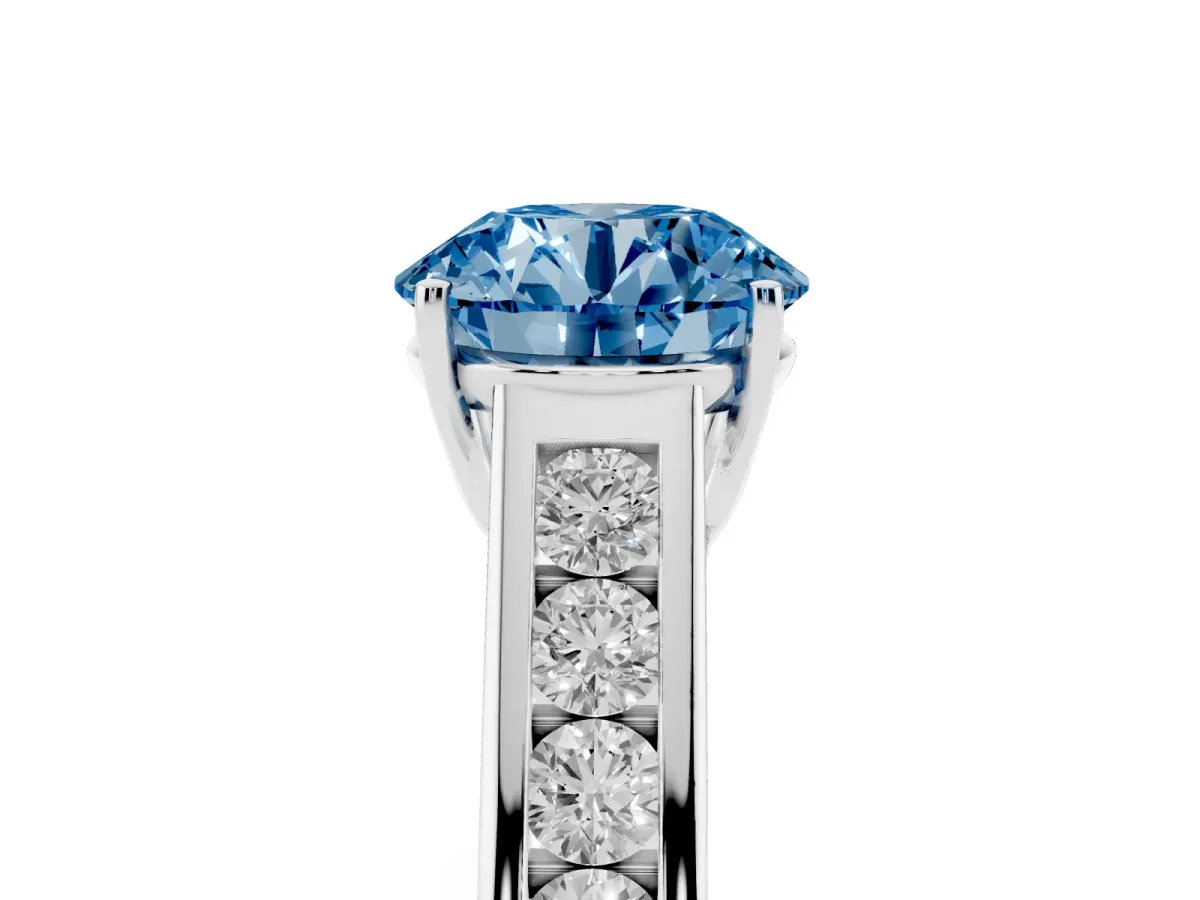 Fancy Blue Round Cut Brilliant Channel-Set Solitaire Ring with Four-Prong Setting Platinum