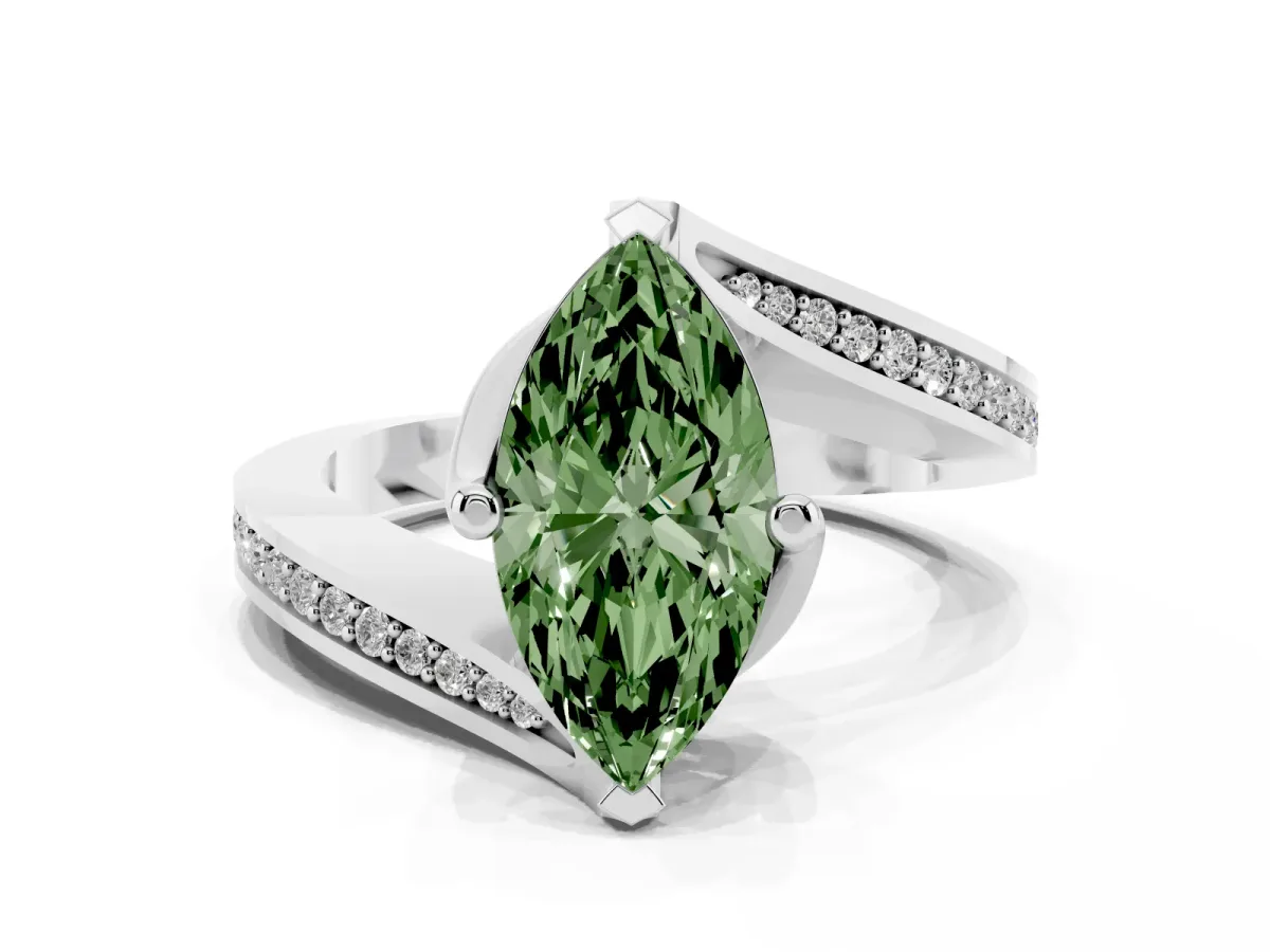 Fancy Green Marquise Cut Solitaire Diamond Twist Band with Pavé Setting and Four-Prong Setting Silver