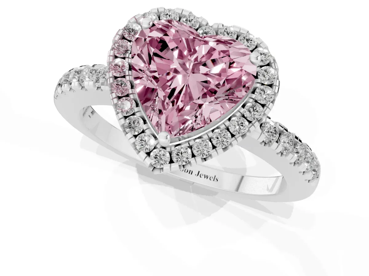 Fancy Pink Heart Cut Halo Diamond Engagement Ring with Pavé Band and Four-Prong Setting Platinum