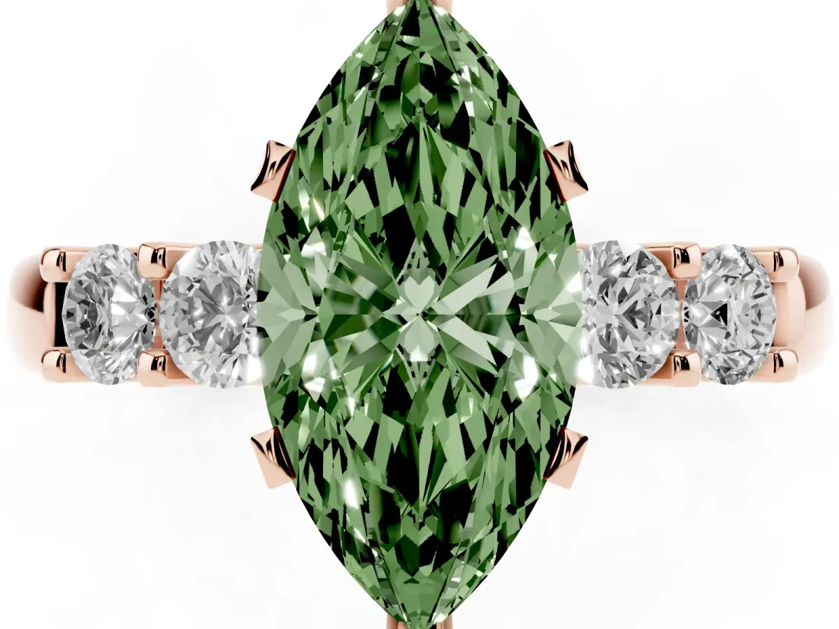 Fancy Green Marquise Cut Brilliant Cut Diamond Five-Stone Prong Set Engagement Ring with Channel Band Rose gold