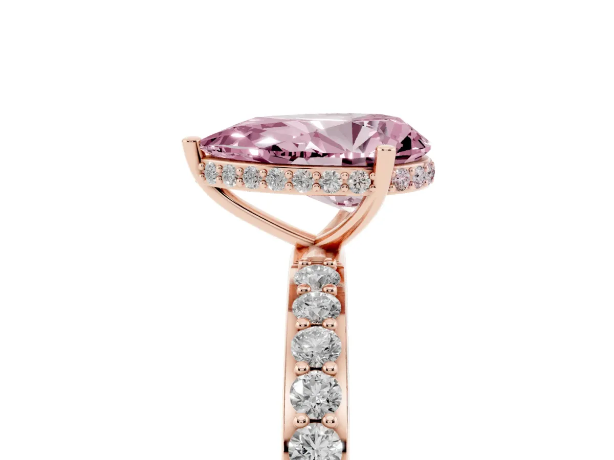 Fancy Pink Pear Cut Diamond Solitaire Ring with Pavé Band and Hidden Halo Rose gold