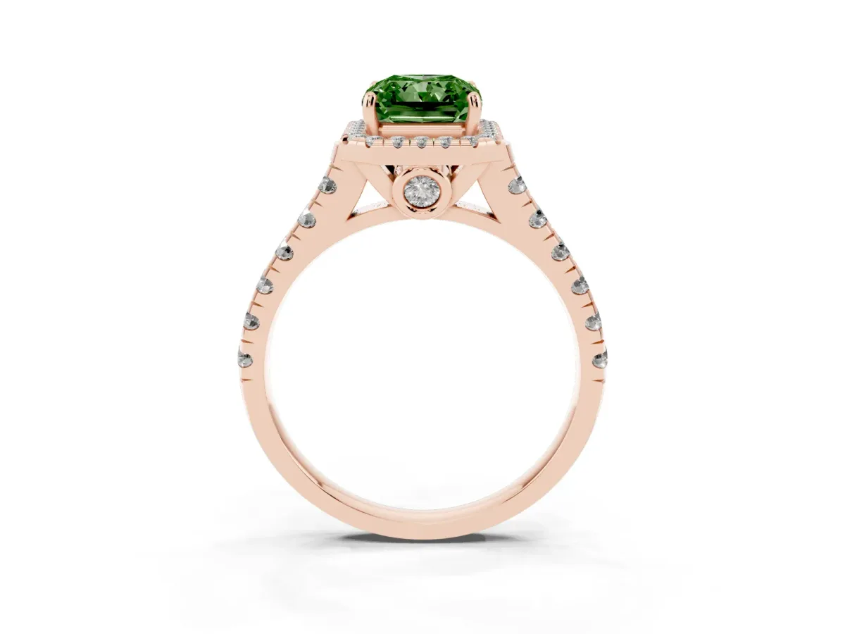 Fancy Green Radiant Cut Halo Pavé Diamond Engagement Ring with Four-Prong Setting Rose gold
