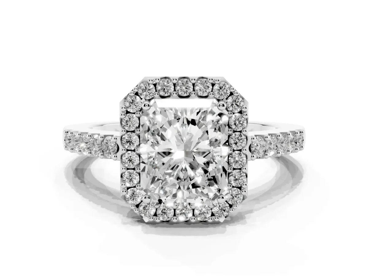 Radiant Cut Halo Diamond Pavé Solitaire Ring Silver