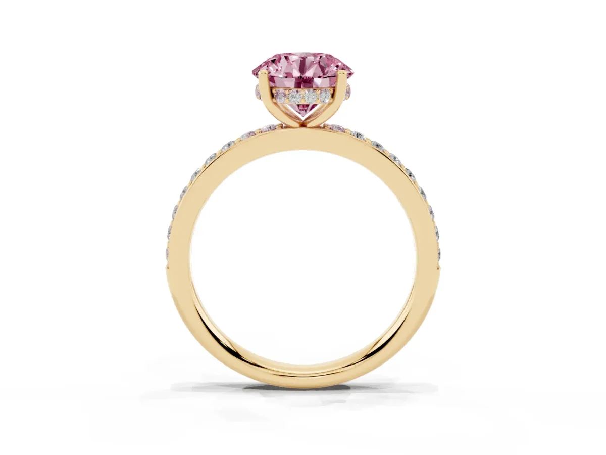 Fancy Pink Round Cut Cut Diamond Pavé Band Ring with Four-Prong Setting Yellow gold