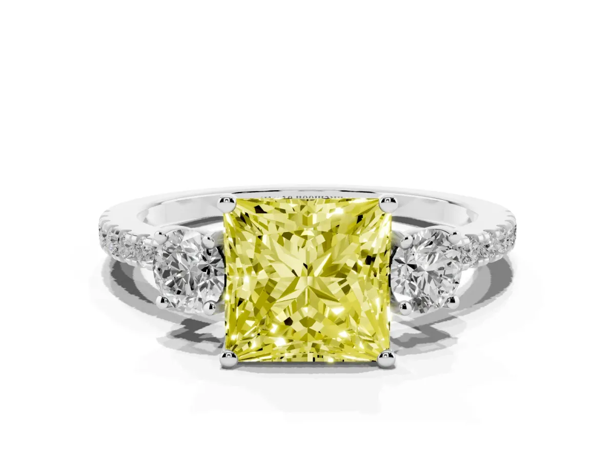 Fancy Yellow Three-Stone Princess Cut Cut Diamond Pavé Band with Prong Setting Silver