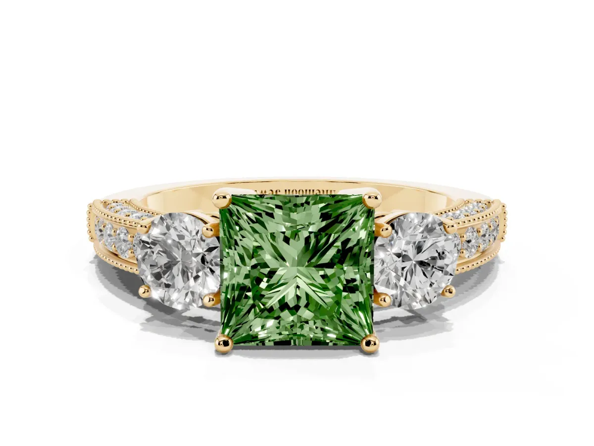 Fancy Green Princess Cut Three-Stone Diamond Ring with Pavé Band and Four-Prong Setting Yellow gold