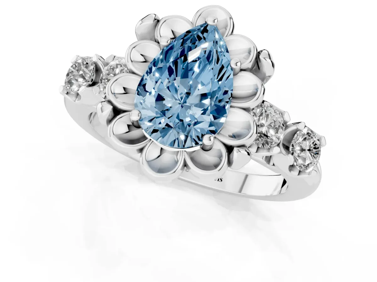 Fancy Blue Pear Cut Cut Diamond Floral Halo Engagement Ring with Shared Prong Setting Silver