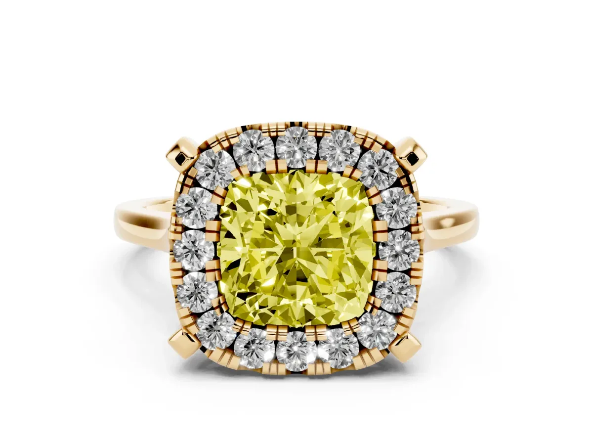 Fancy Yellow Cushion Cut Diamond Cluster Halo Solitaire with Four-Prong Setting Yellow gold