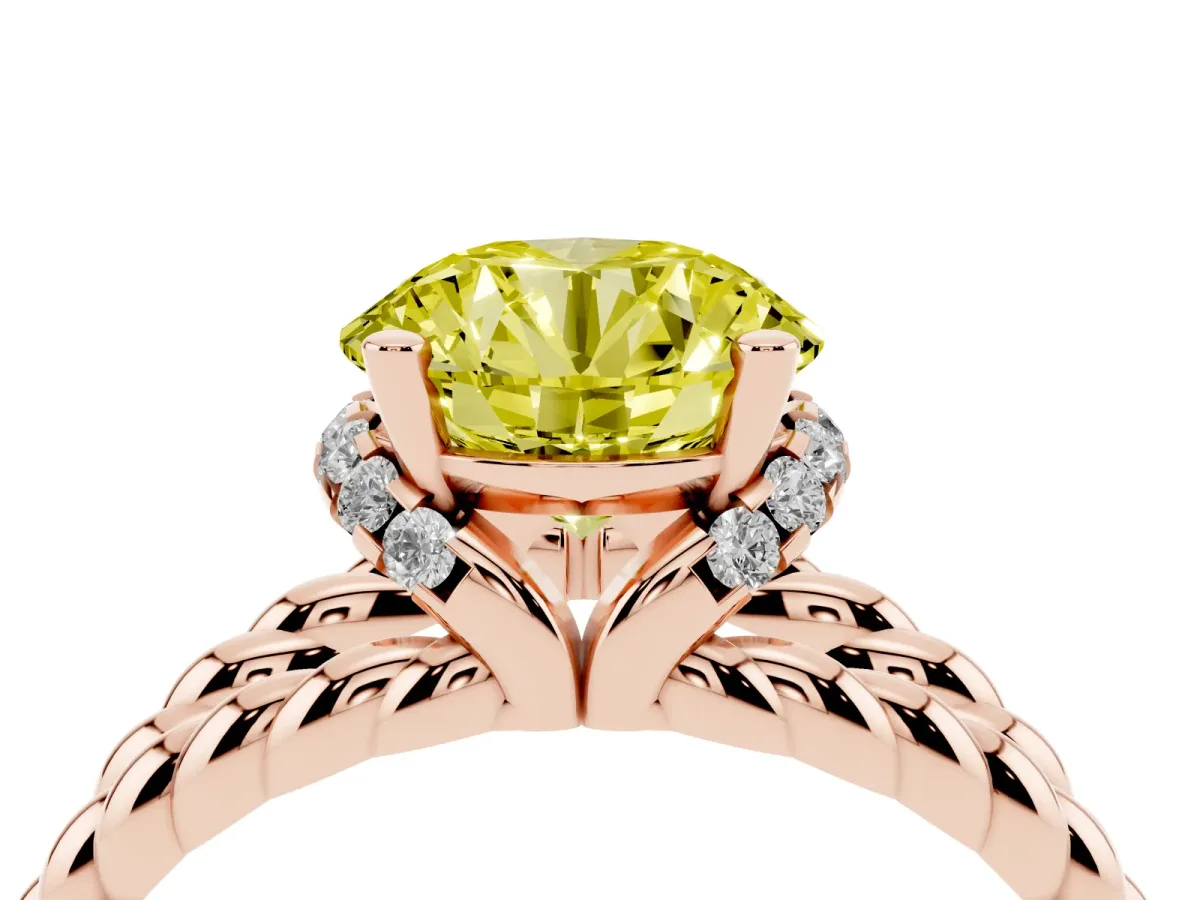 Fancy Yellow Round Cut Halo Twisted Band Four-Prong Ring Rose gold
