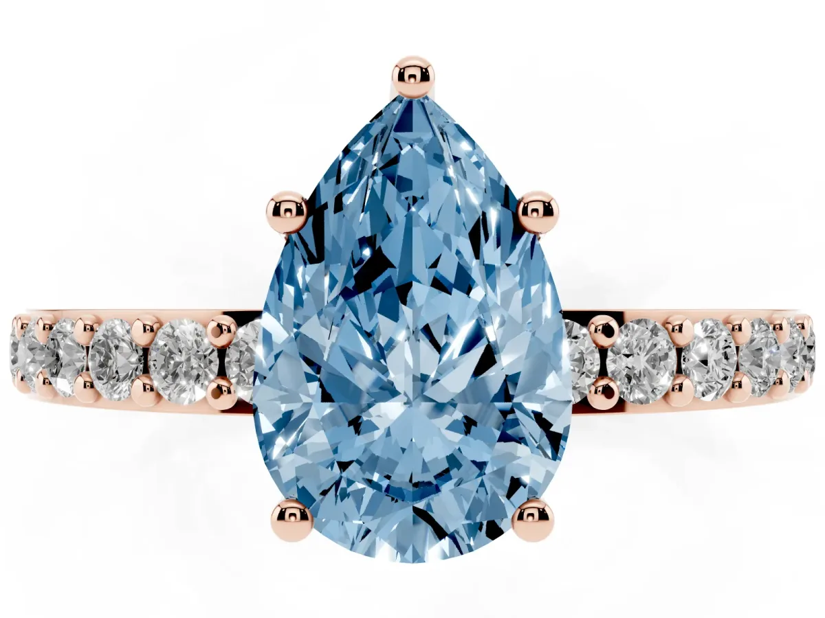Fancy Blue Pear Cut Cut Diamond Solitaire with Pave Band and Four-Prong Setting Rose gold