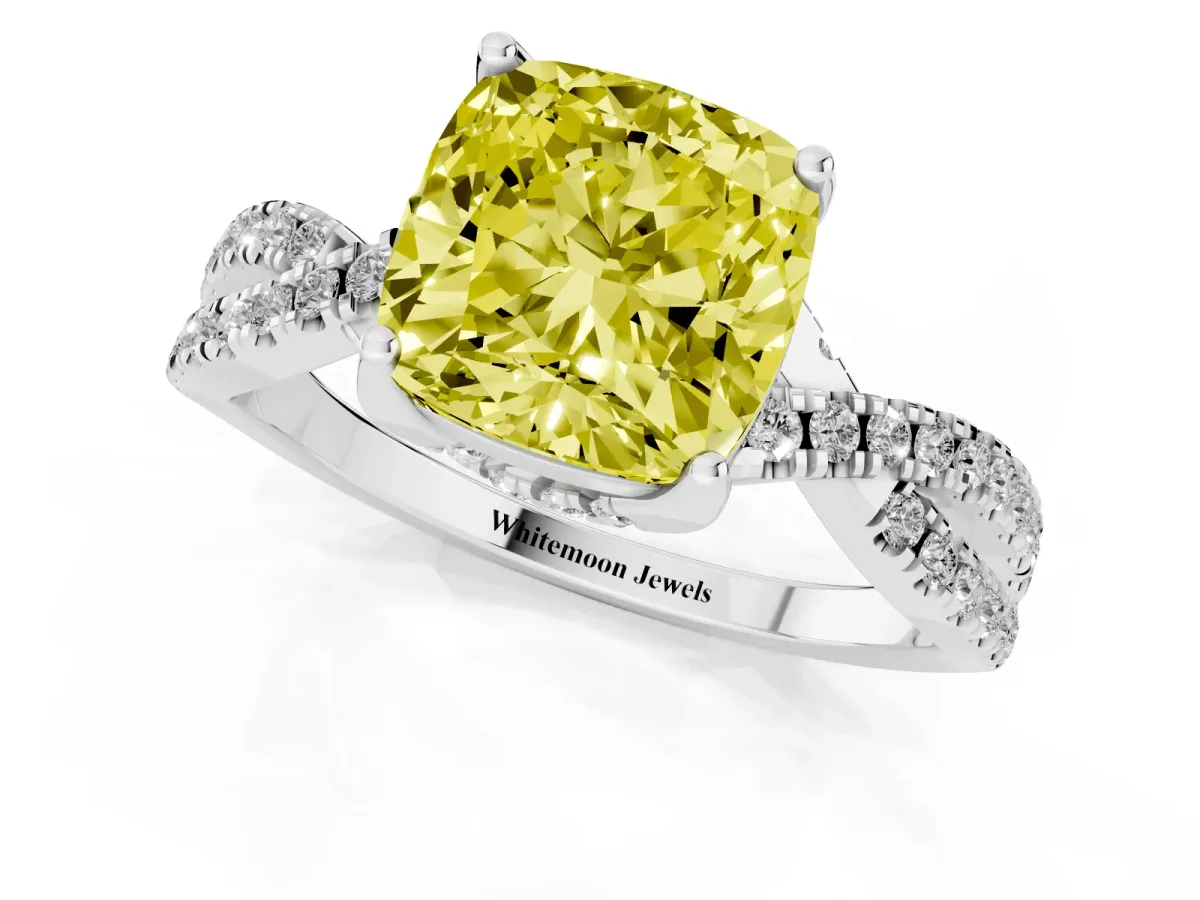 Fancy Yellow Cushion Cut Solitaire Twist Pave Diamond Engagement Ring with Prong Setting Silver