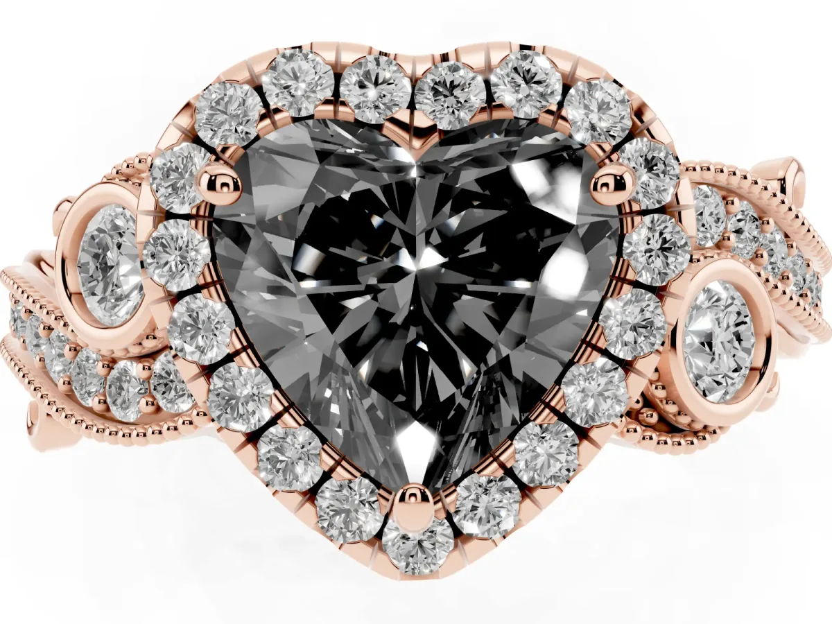 Fancy Black Heart Cut Halo Diamond Ring with Milgrain and Bezel Accents on a Split Shank Band Rose gold