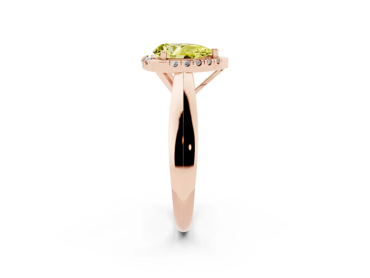 Fancy Yellow Pear Cut Cut Halo Solitaire Engagement Ring with Square Band and Four-Prong Setting Rose gold
