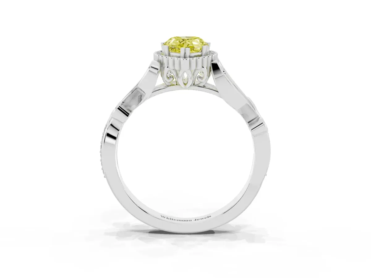 Fancy Yellow Pear Cut Diamond Halo Ring with Vintage Split Shank and Four-Prong Setting Silver