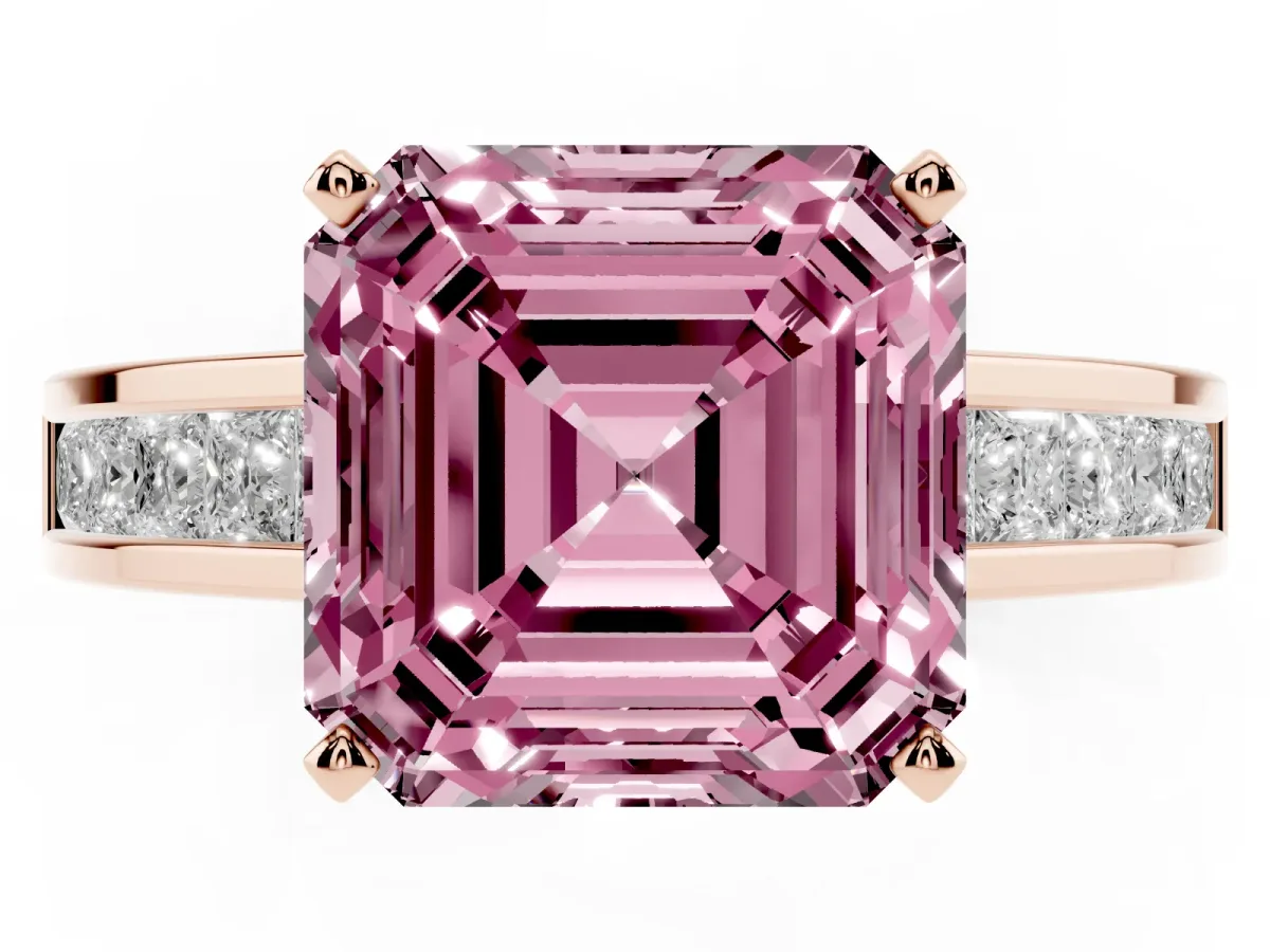 Fancy Pink Asscher Cut Solitaire Diamond Ring with Channel-Set Band and Four-Prong Setting Rose gold